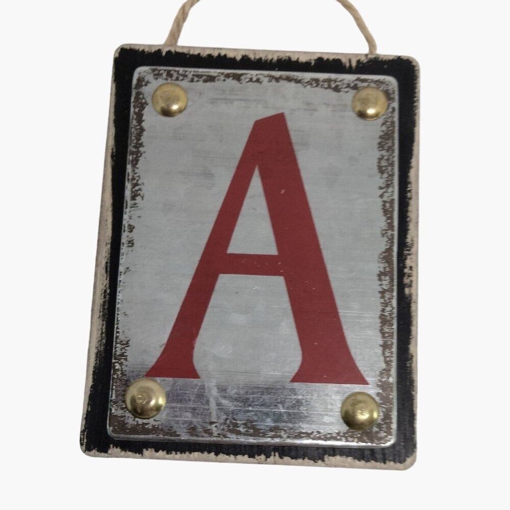 Initial Letter  A Christmas Ornament Rustic Primitive Metal Wood Red Silver
